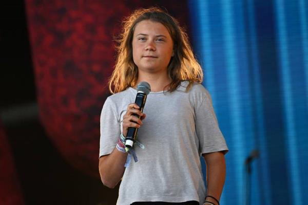Climate activist Greta Thunberg speaks on the Pyramid Stage. Reuters