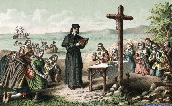 Father Andrew White celebrating the landing of the first settlers in Maryland, March 25, 1634.