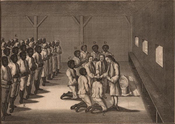 Enslaved people being baptized in a Moravian congregation, drawing in a German history of the Moravians (United Brethren) in Pennsylvania, 1757