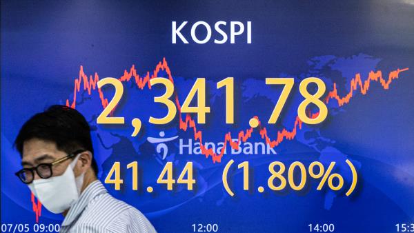 An electro<em></em>nic board showing the Korea Composite Stock Price Index (Kospi) at a dealing room of the Hana Bank headquarters in Seoul on Tuesday. (Yonhap)