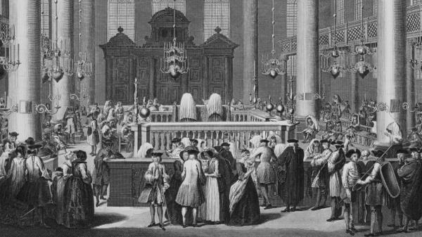 Feast Of PurimPrint of the Jewish feast of Purim, a Jewish holiday commemorating the deliverance of the Jews in the Persian Empire, Touro Synagogue, Rhode Island,1712. (Photo by Archive Photos/Getty Images)