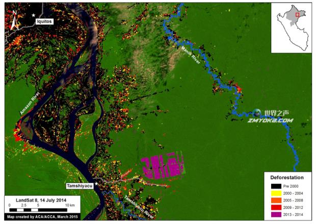 A Landsat image shows the swift clearance for agriculture at the site of the plantation. Image courtesy of MAAP.