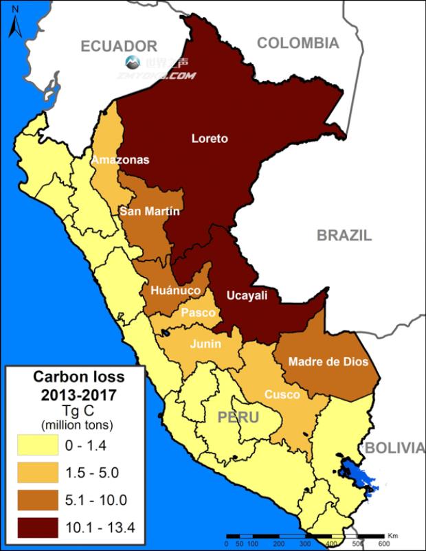 A map of Peru shows the amount of carbon lost by region. Image courtesy of MAAP with data from Asner et al. (2014).