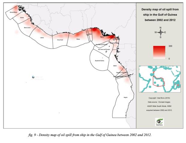 A map of oil spills originating from shipping vessels captured by Envisat between 2002-2012.