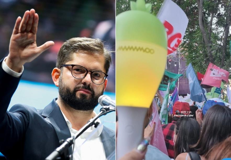 Left photo: Chile’s President-elect Gabriel Boric after winning the presidential election in Santiago, Chile, on Dec. 19. On the right is a photo taken during the last day of his campaign in Parque Almagro on Dec. 16. (Reuters/Amelia Castillo)