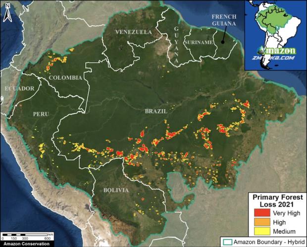 Deforestation hotspots across the Amazon in 2021 (as of September 18). da<em></em>ta: University of Maryland (GLAD), Amazon Co<em></em>nservation Association/MAAP. Image courtey of MAAP.