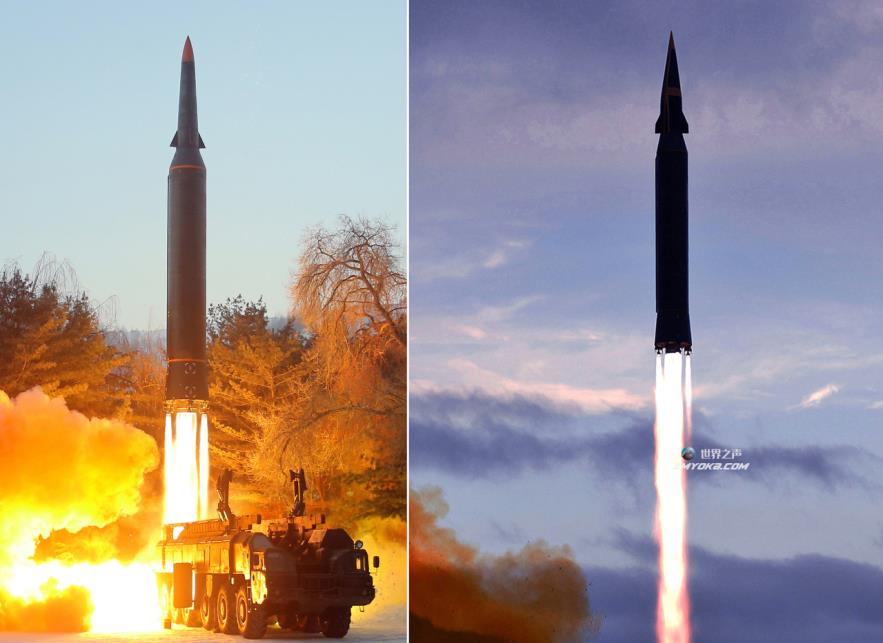 This combined file photo, taken by North Korea's official Korean Central News Agency on Jan. 6, 2022, shows what the North claims to be a new hyperso<em></em>nic missile (L) being launched the previous day and the 