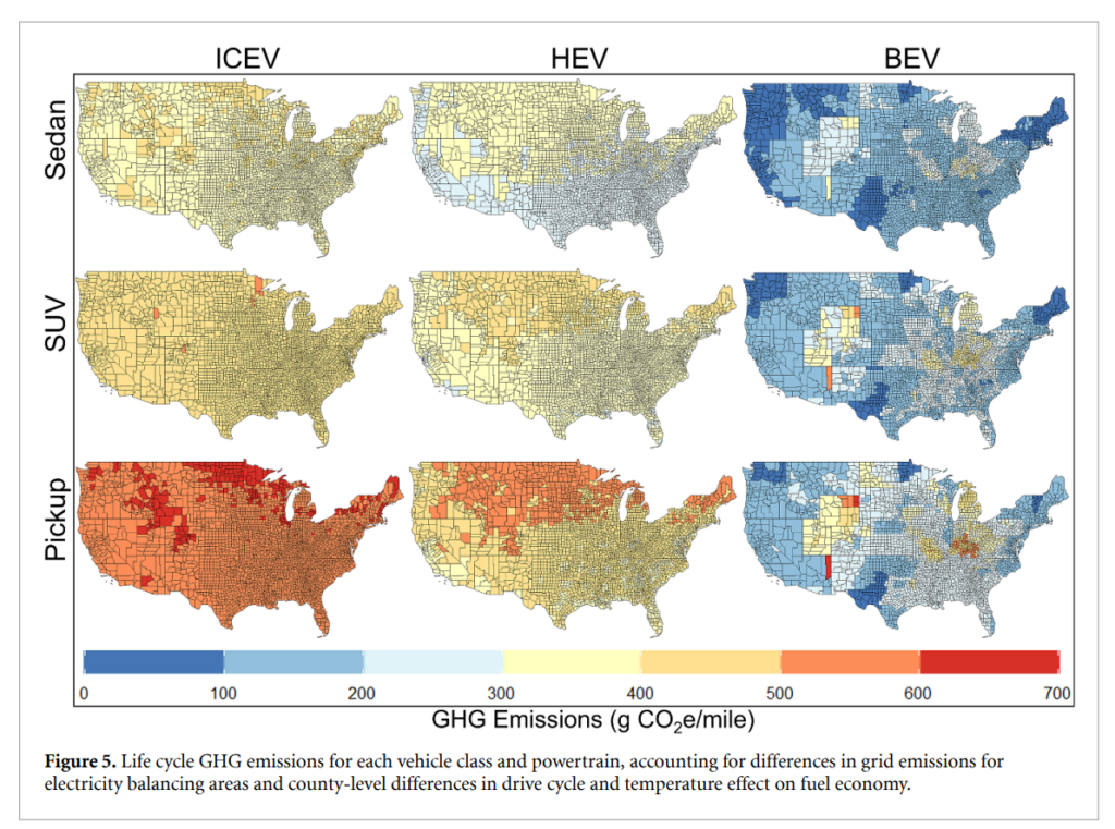 Life cycle greenhouse gas emissions for each vehicle class and powertrain. Average lifetime emissions account for differences in grid emissions for electricity balancing areas and county-level differences in drive cycle and temperature effect on fuel economy. Image credit: From Woody et al. in Enviro<em></em>nmental Research Letters, 2022